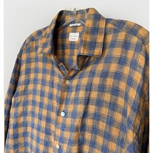 Culturata Shirt Mens L Blue Orange Check 100% Linen L/S Button Up Made In Italy